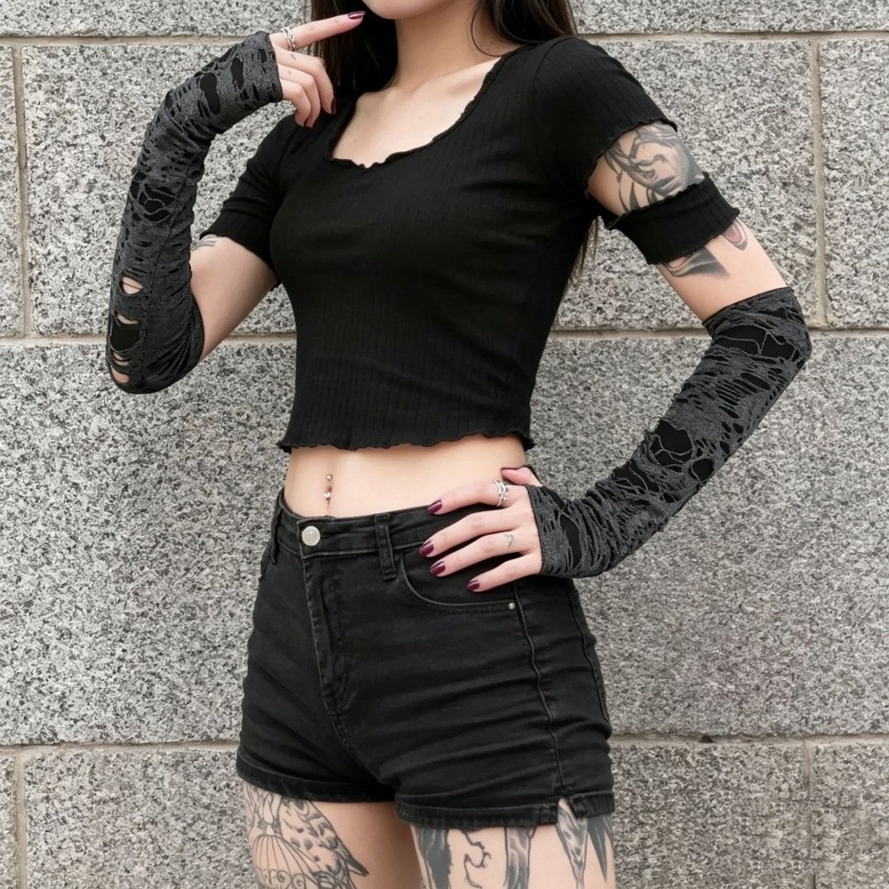 Fingerless Glove Knit - ロングパンクグローブ ダメージ加工スタイル デザートウィンド フィンガーレスアームウォーマー ニット素材 軽量