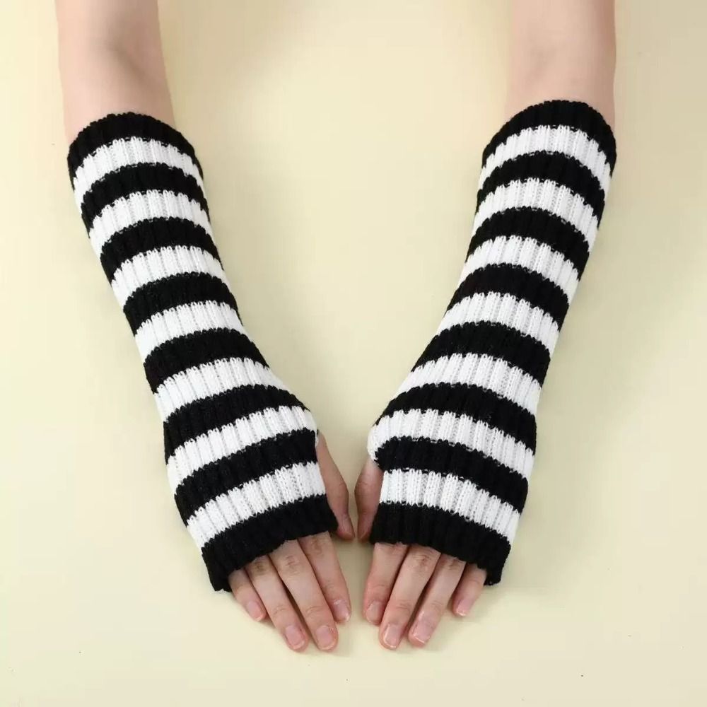 Fingerless Glove Knit - ストリートウェア Y2K ストライプ ニット アームスリーブ ロング