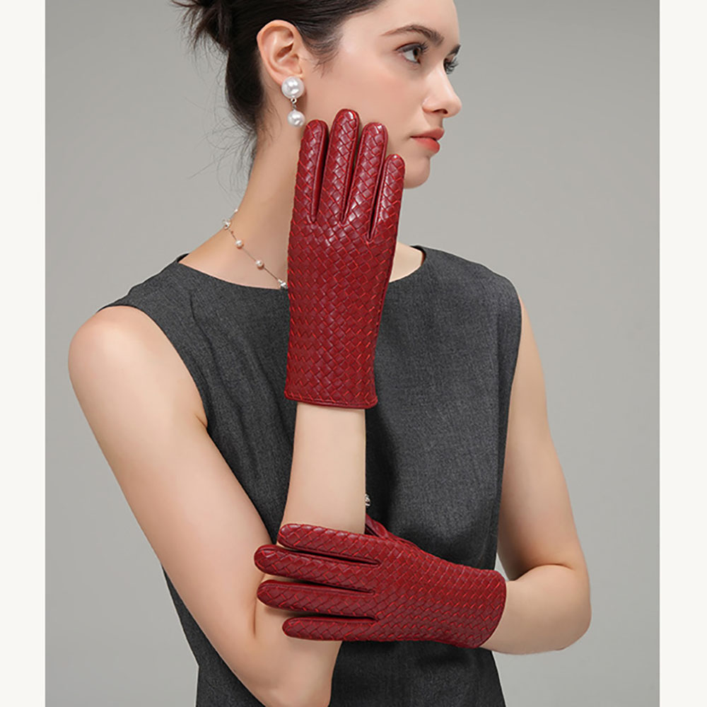 Wool Glove Lined - 冬用レディース本革製暖かい織りデザインシープスキン手袋 ファッション アウトドア ドライビング ライディング タッチスクリーン対応