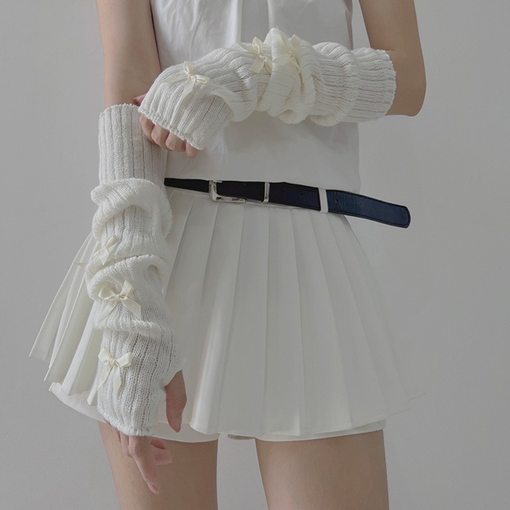 Fingerless Glove Knit - プレッピースタイルのゆったりとしたリボン付きニットアームウォーマー、重ね付け可能な防風Y2Kフィンガーレスグローブ、暖かく快適なロングリストカフス、女の子向け
