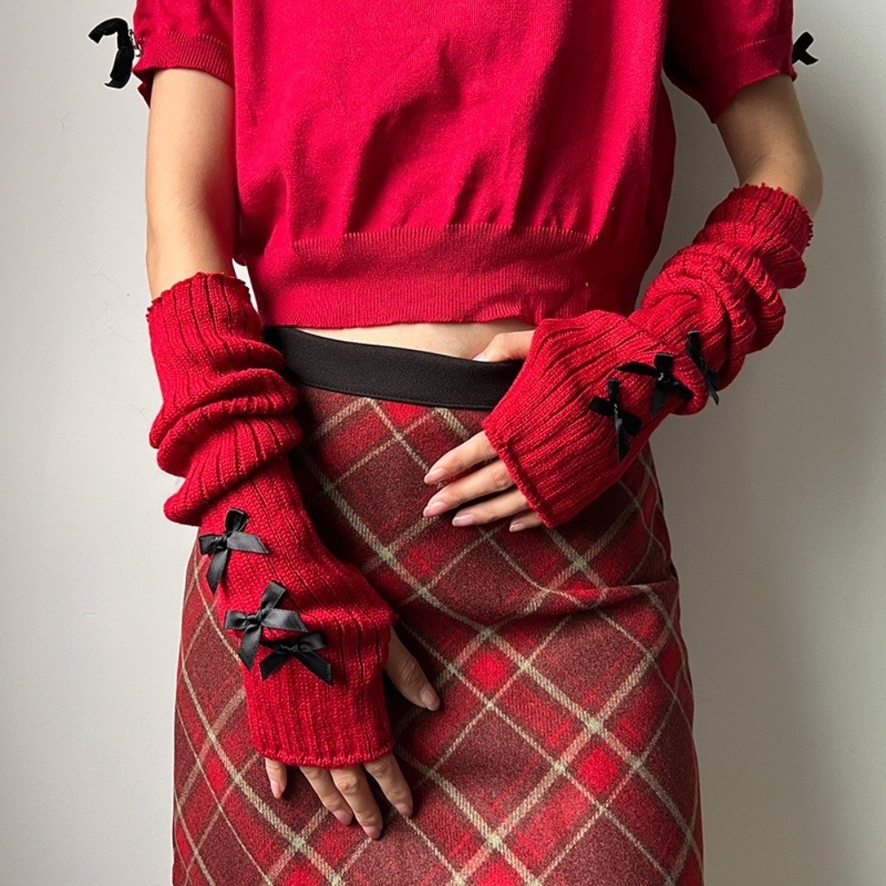 プレッピースタイルのゆったりとしたリボン付きニットアームウォ - Fingerless Glove Knit のレビューと価格