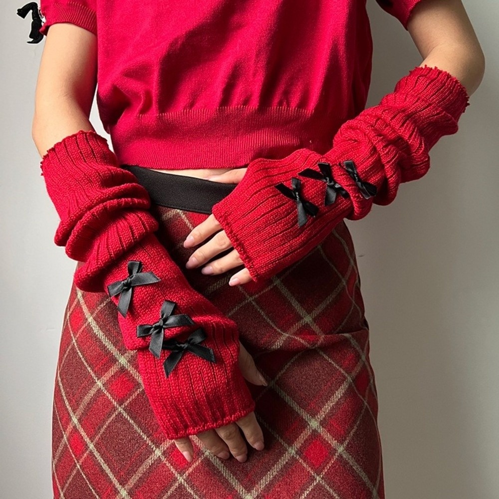 プレッピースタイルのゆったりとしたリボン付きニットアームウォ - Fingerless Glove Knit のレビューと価格